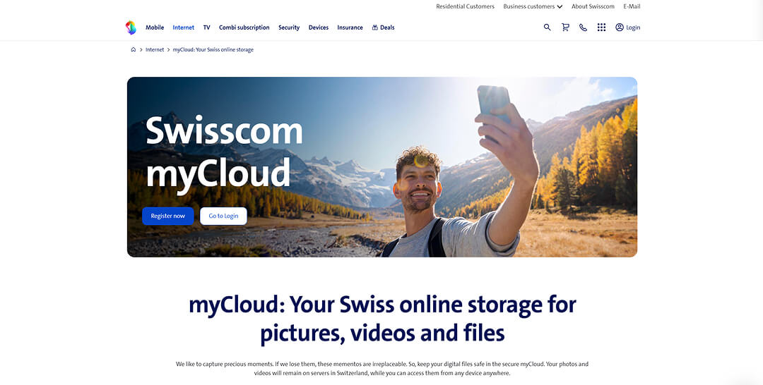 Swisscom myCloud Landingpage mit einem Hero-Banner, das einen Mann bei einem Selfie in den Bergen zeigt