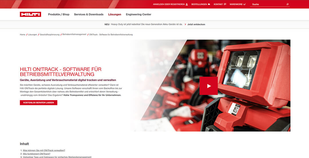Hilti-Website-Landingpage für die ON!TRACK-Software, mit roten Markenakzenten, einem Werbetextblock und einem Videoplayer, der rote Industrie-Geräte zeigt