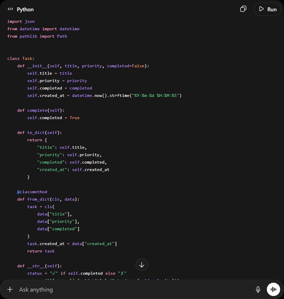 Ein Code-Editor im Dark Mode, der Python-Implementierungsdetails für die Klasse „Task“ zeigt, einschließlich der Methoden __init__, complete, to_dict und from_dict