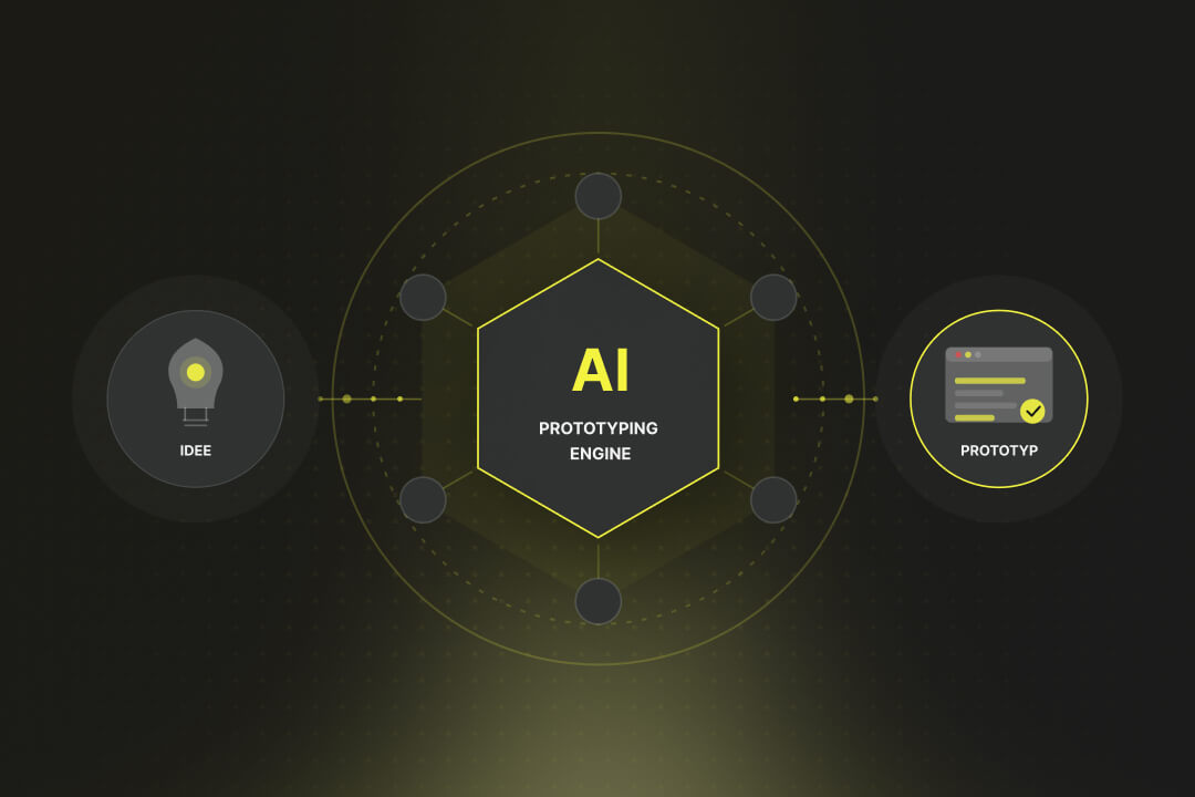 A dark diagram showing a process flow from an "IDEE" bulb icon, through a central hexagon labeled "AI PROTOTYPING ENGINE", to a final "PROTOTYP" browser icon