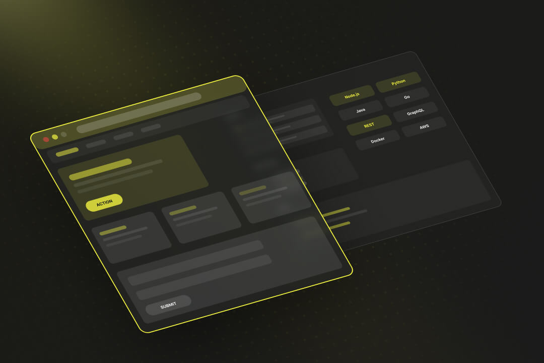 Ein dunkles UI-Diagramm, das im Vordergrund das Mockup eines Browsers mit einer „ACTION“-Schaltfläche zeigt, überlagert von einem Hintergrund-Panel mit Technologie-Badges wie Node.js, Python und REST