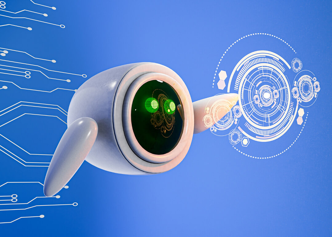 Ein kleiner weißer, futuristischer Roboter mit leuchtend grünen Augen, der auf ein weißes digitales HUD-Interface vor blauem Hintergrund blickt