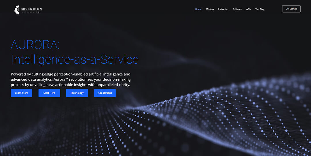 Sovereign Intelligence Landingpage mit dem Titel „AURORA: Intelligence-as-a-Service“, einem dunklen abstrakten Partikelwellen-Hintergrund und vier blauen Buttons