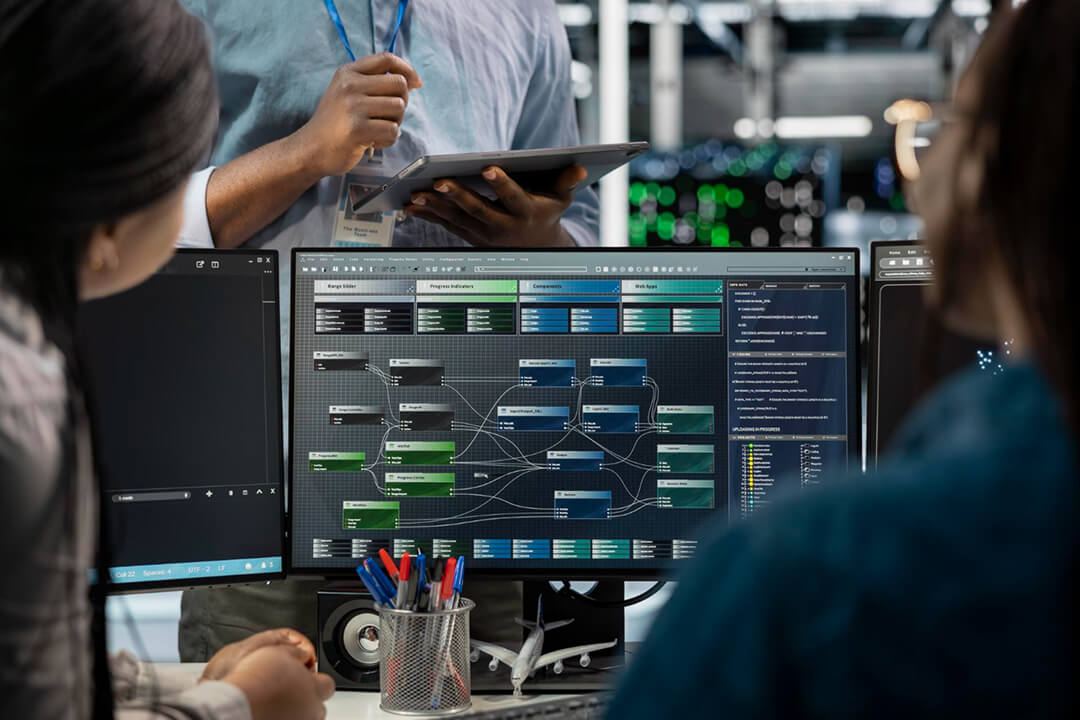 in Team von IT-Spezialisten blickt auf einen großen Computerbildschirm, der ein komplexes, knotenbasiertes visuelles Datenpipeline-Diagramm anzeigt.