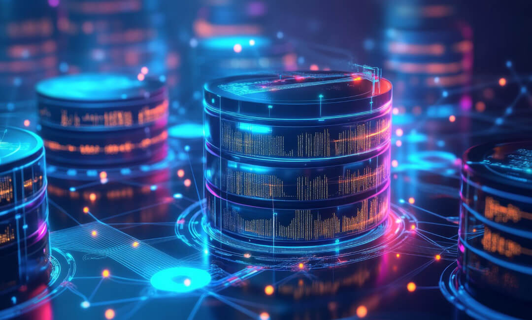 Eine futuristische 3D-Illustration zylindrischer Datenbankserver mit leuchtenden Neon-Datenvisualisierungen auf dunkelblauem Hintergrund