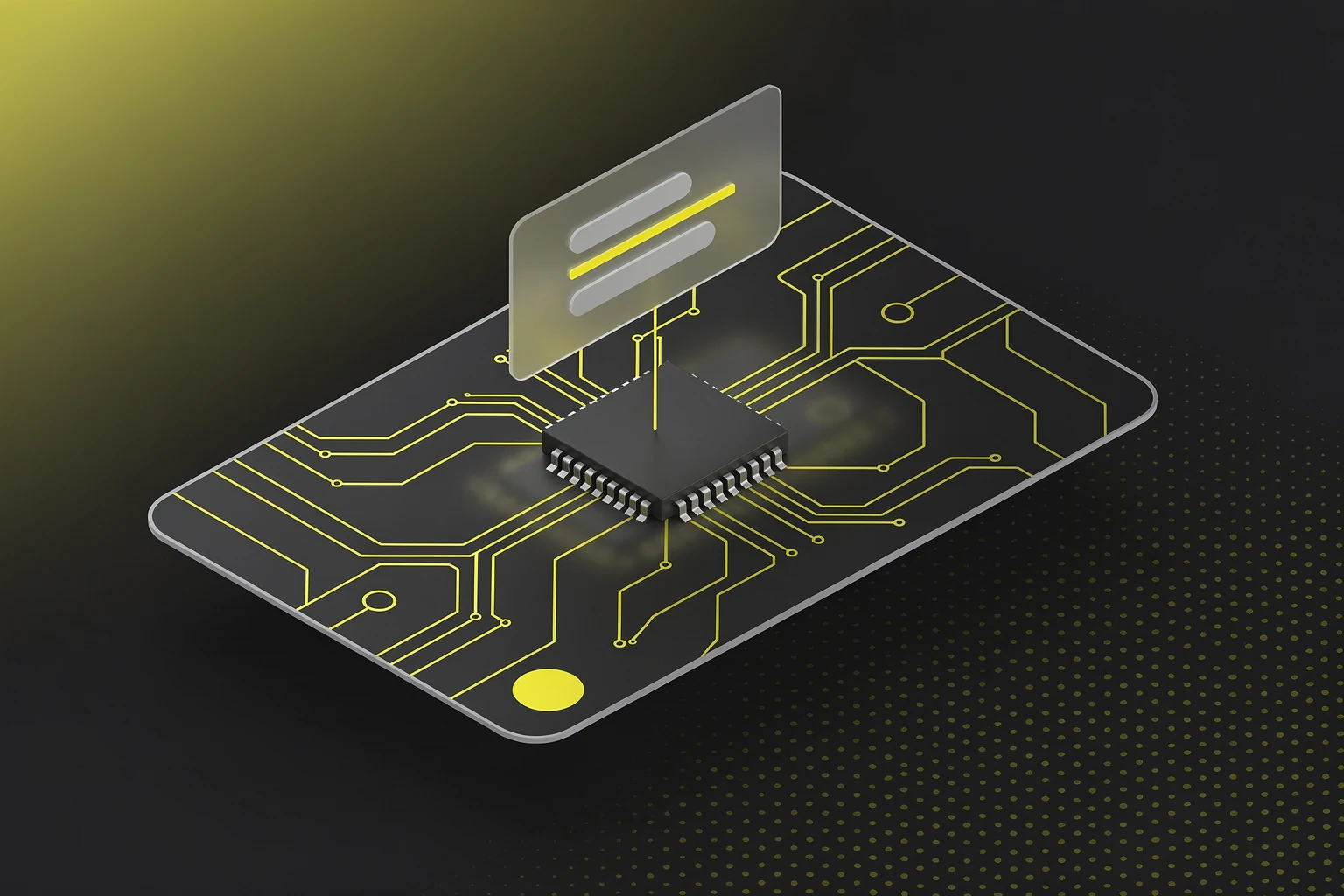 Isometrische Darstellung einer Platine mit gelben Leiterbahnen und einem Chip in der Mitte, darüber ein Panel, das die im Gerät laufende Firmware andeutet