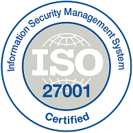 ISO 27001 Certified Information Security Management System badge with a globe icon.