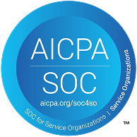 Blue circular badge with white text reading AICPA SOC and aicpa.org/soc4so, indicating SOC for Service Organizations compliance.