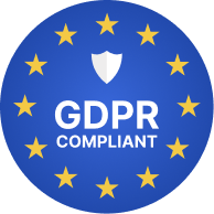 Blue circular GDPR compliant badge with twelve yellow stars in a circle and a white shield icon above the text.