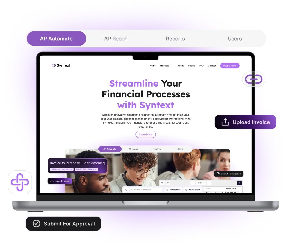 Laptop screen displaying Syntext software homepage with tabs for AP Automate, AP Recon, Reports, and Users, highlighting invoice to purchase order matching and options to upload invoice and submit for approval.