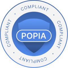 Blue circular badge with shield icon labeled POPIA and the word COMPLIANT repeated around the edge.