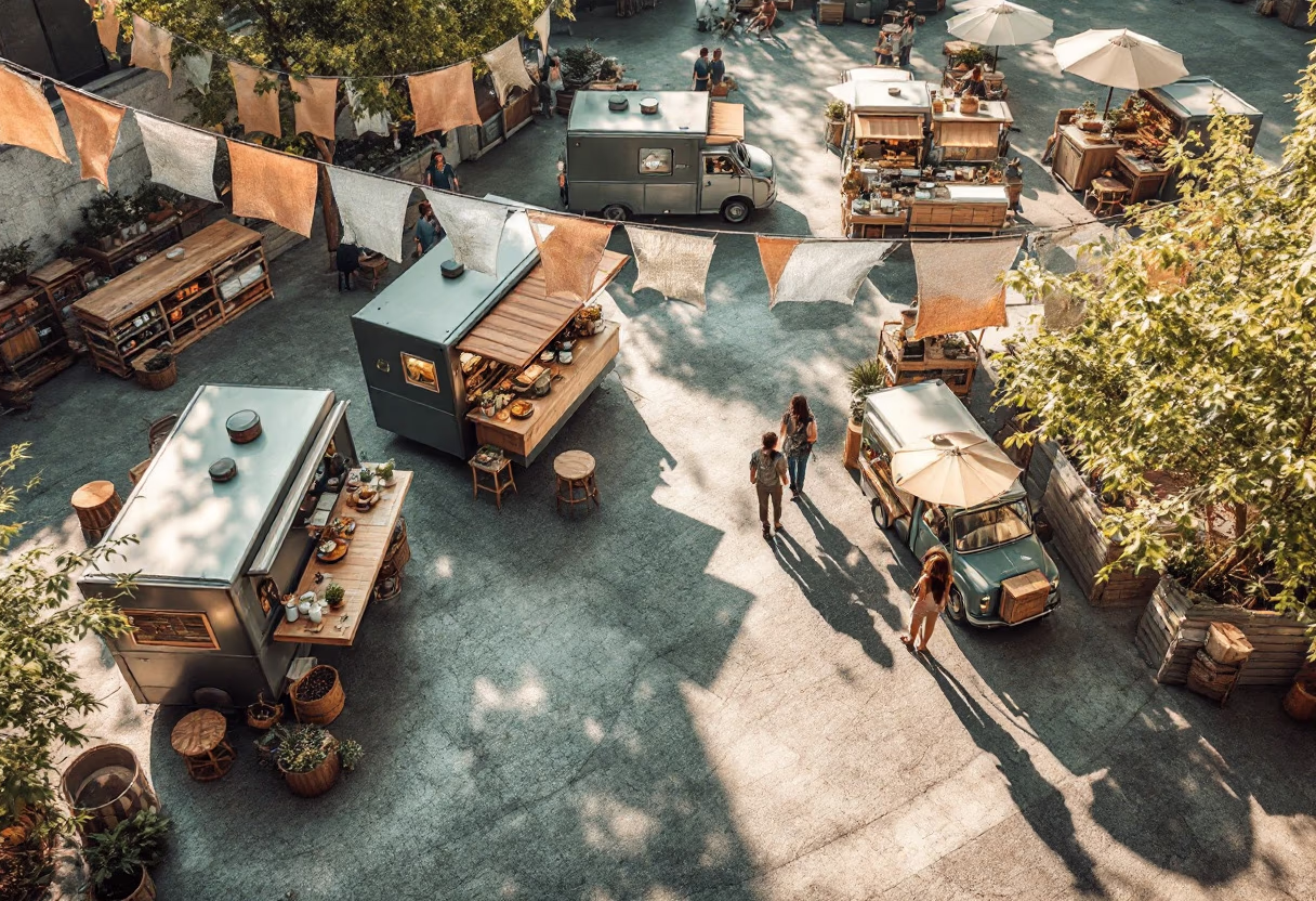 [background image] image of bustling food truck scene