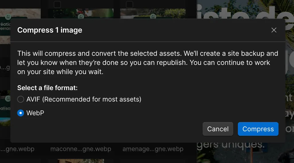 Webflow convertir image format WebP