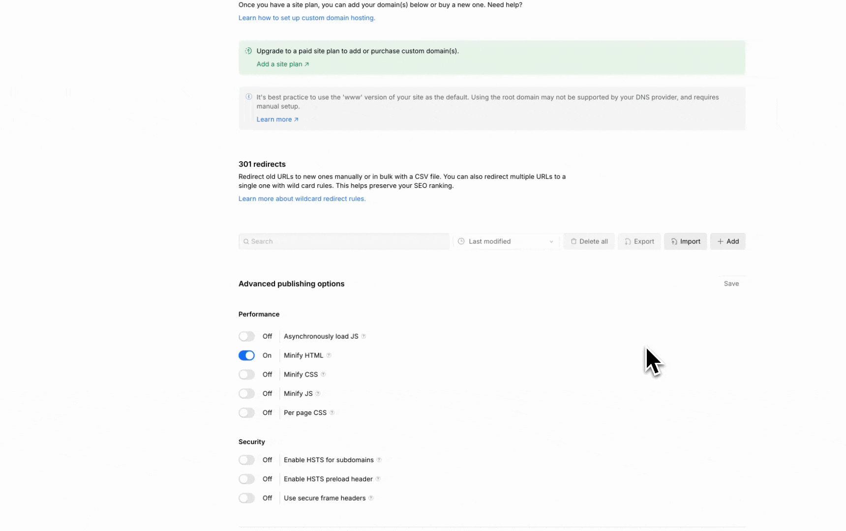 ajout d'une redirection 301 sur webflow