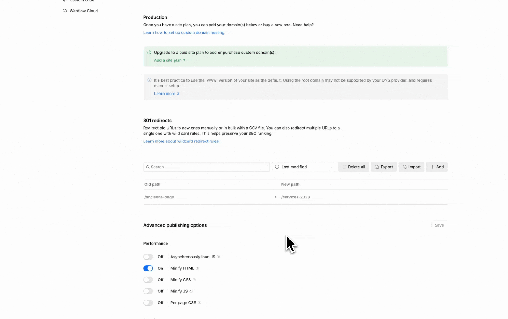 import d'un csv bulk pour des redirections sur webflow