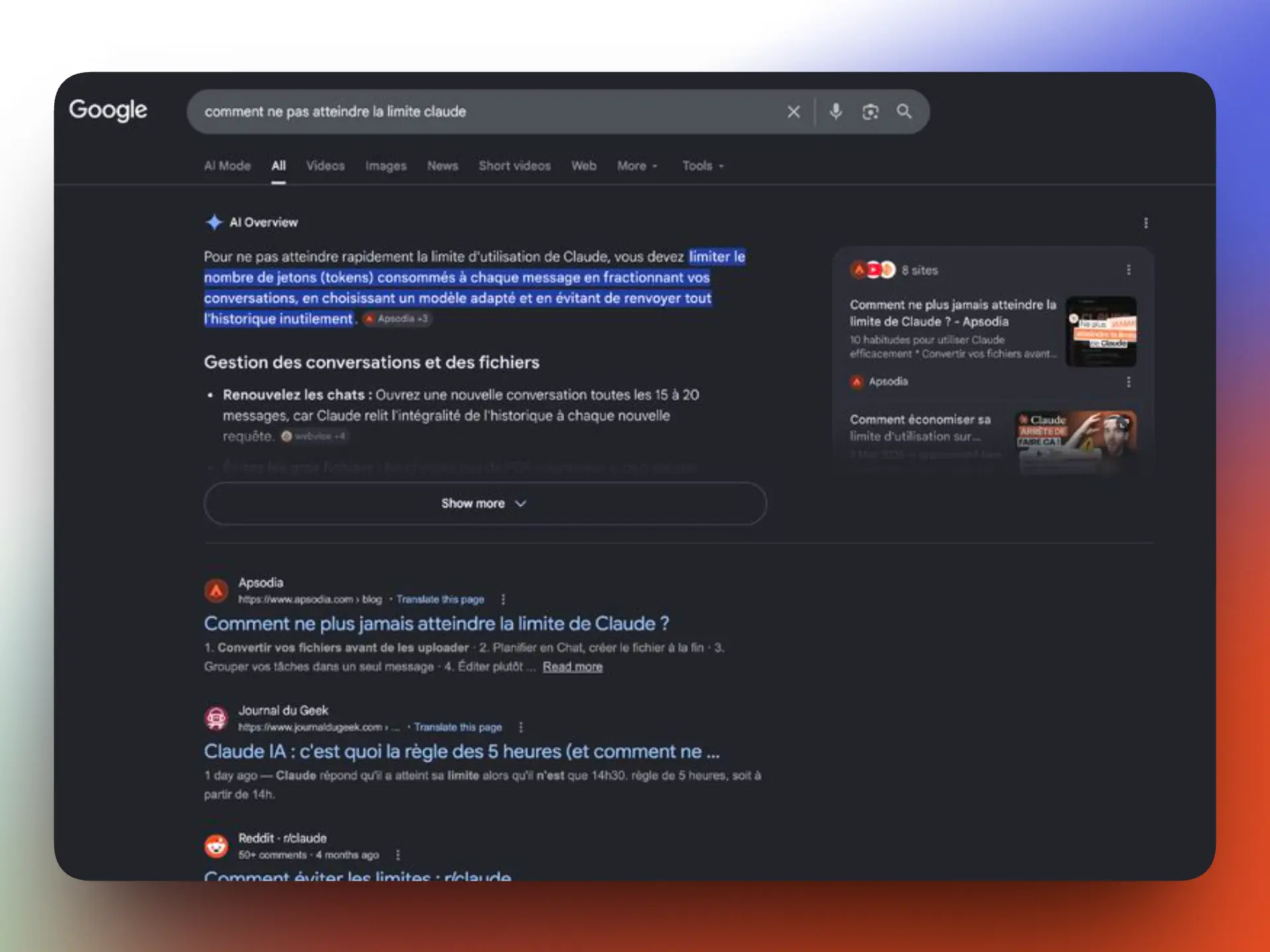Capture d'écran pour montrer un résultat d'articles Apsodia cités par Google AI Overview.