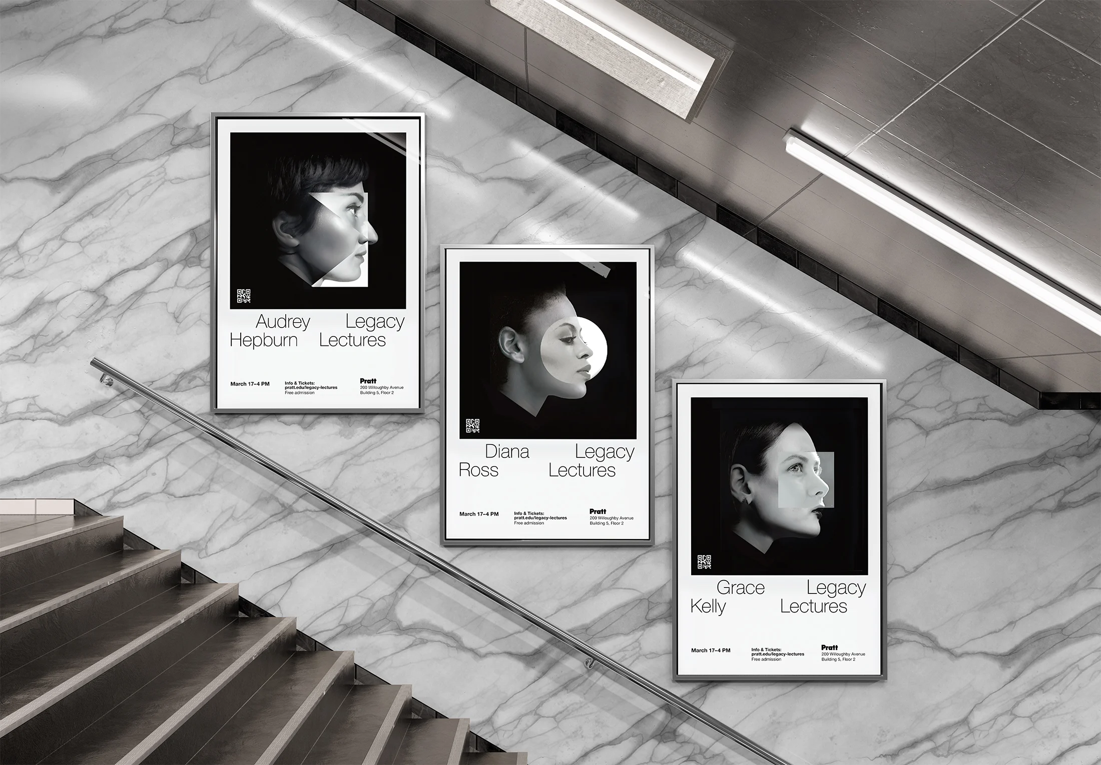 3 Legacy Lectures posters displayed side-by-side, beside a stairwell