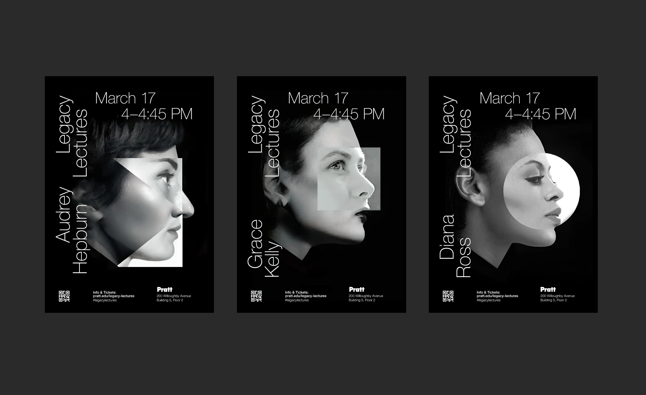 3 Legacy Lectures posters displayed side-by-side, each featuring a prominent portrait