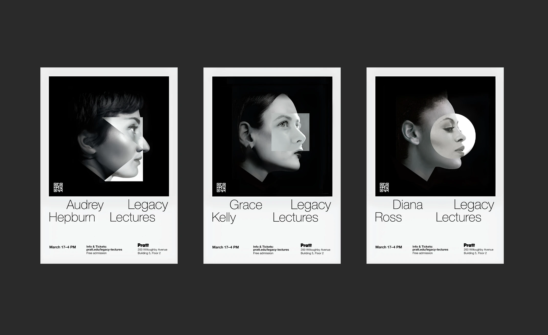 3 Legacy Lectures posters displayed side-by-side, each featuring a prominent portrait