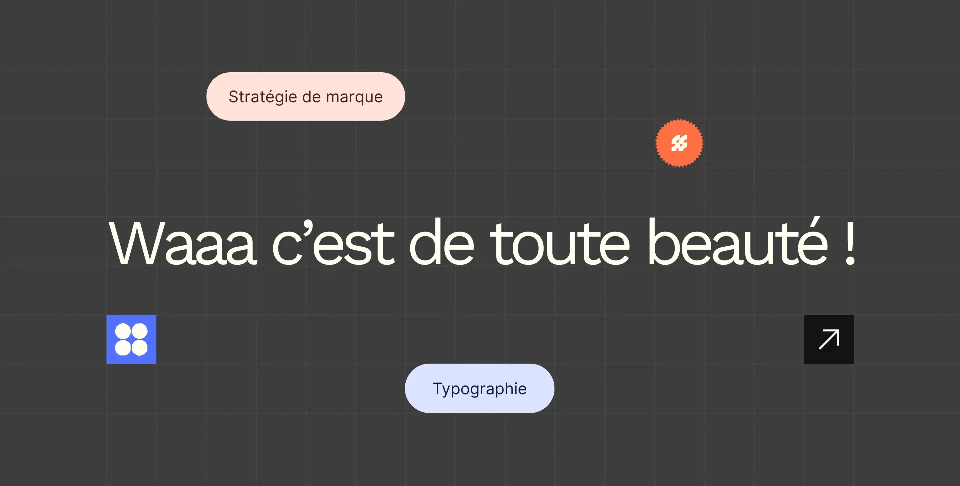 Visuel de service branding
Message "waaa c'est de toute beauté !"
Bulles stratégie de marque et typographie, logomark fdeux, icône décorative