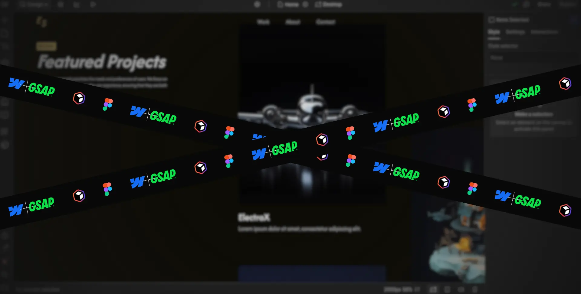 Arrière plan flouté mode designer interface Webflow avec en premier plan deux rubans diagonaux affichant  outils Webflow, GSAP, Relume, Figma