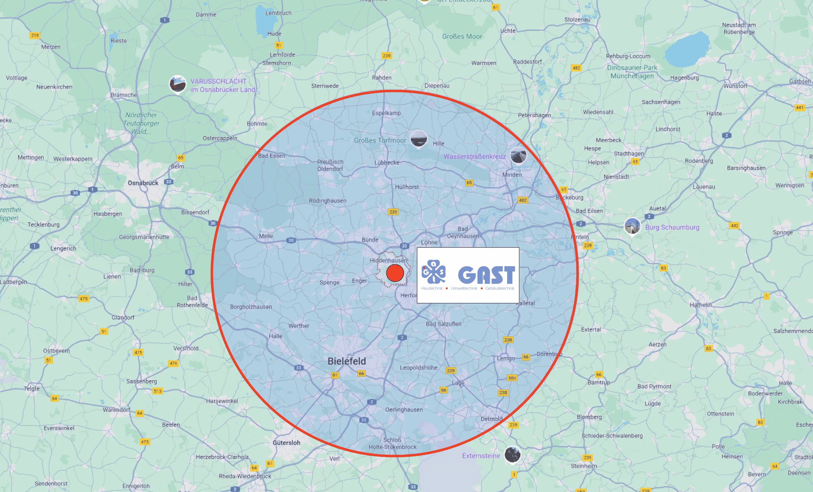 Karte mit 30 km Umkreis rund um Hiddenhausen/Gast Heizung Sanitär