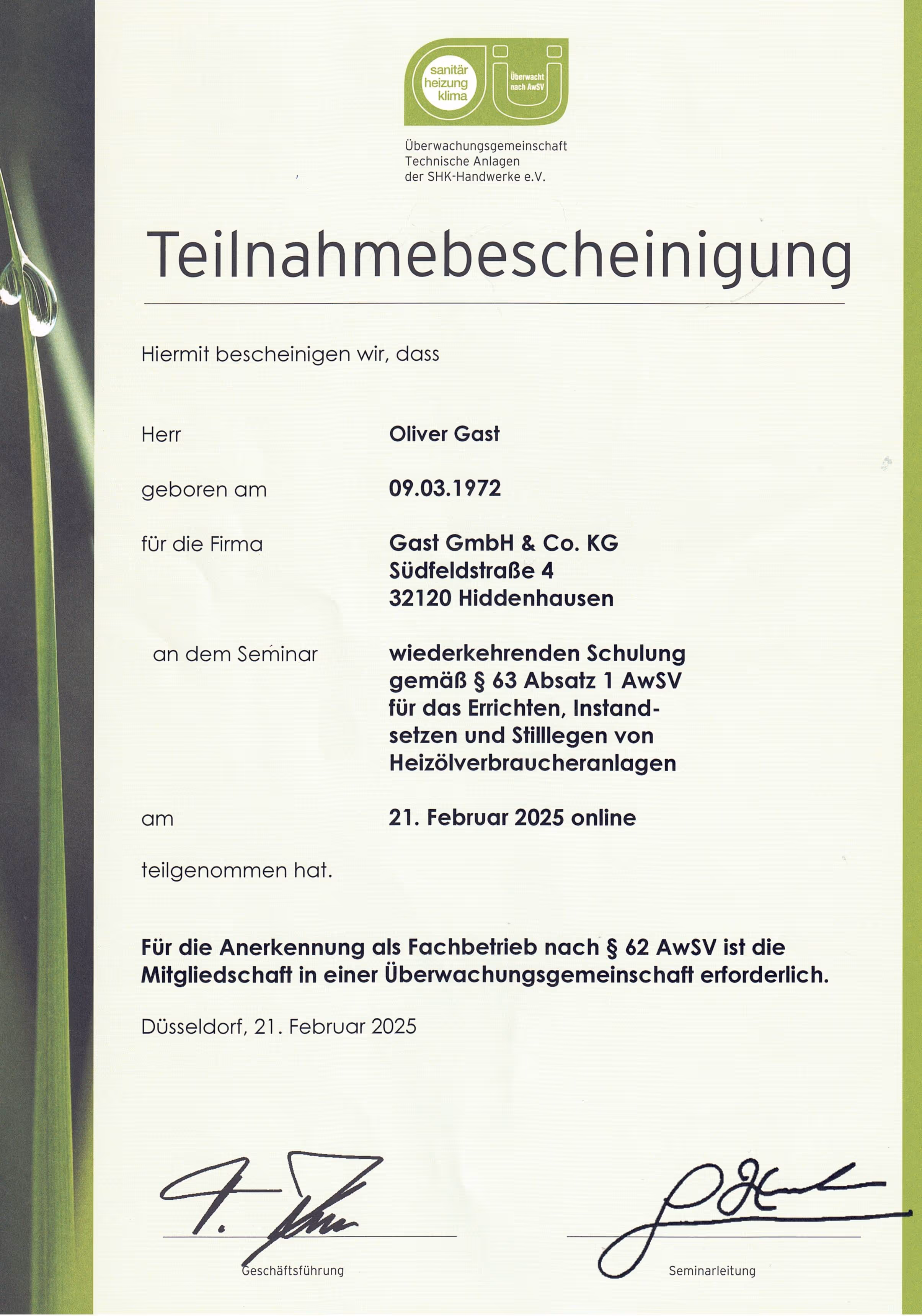 Teilnahmebescheinigung "Wiederkehrende Schulung für das Errichten, Instandhalten und Stilllegen von Heizölverbraucheranlagen.