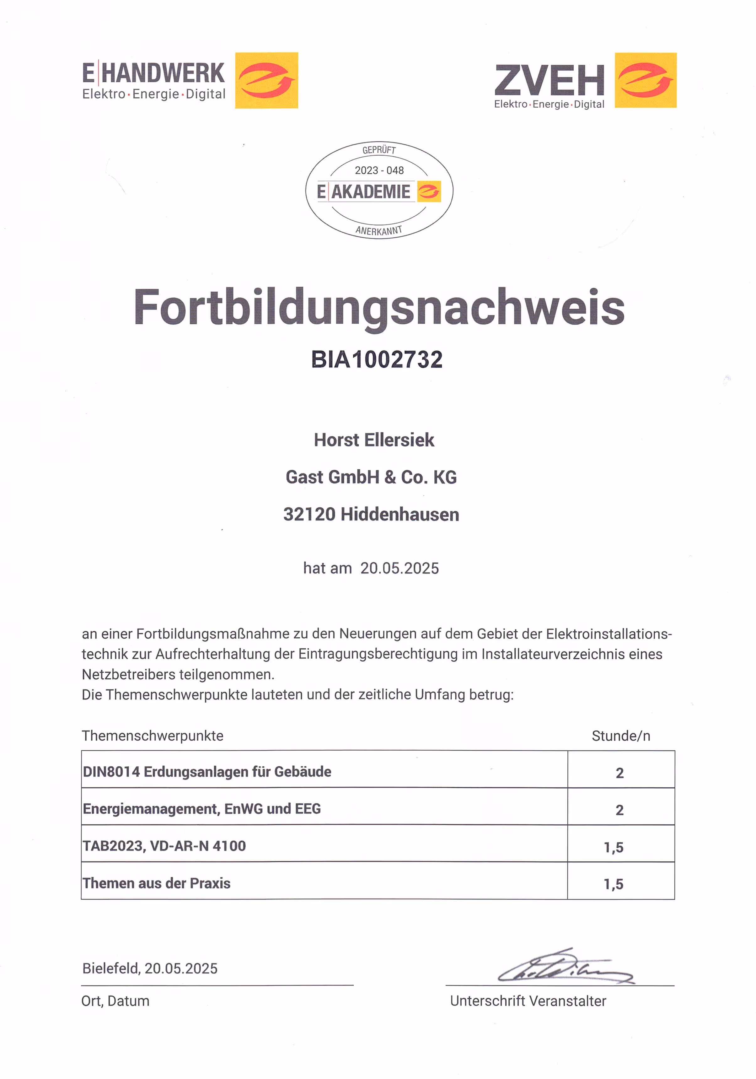 Fortbildungsnachweis Elektroinstallation 