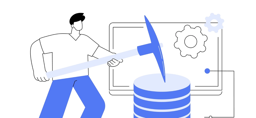 Illustrated graphic showing a person in blue pants working with data visualization elements including a database cylinder, lightning bolt, and computer screen with gear icon, representing Google Sheets and AI integration for web scraping