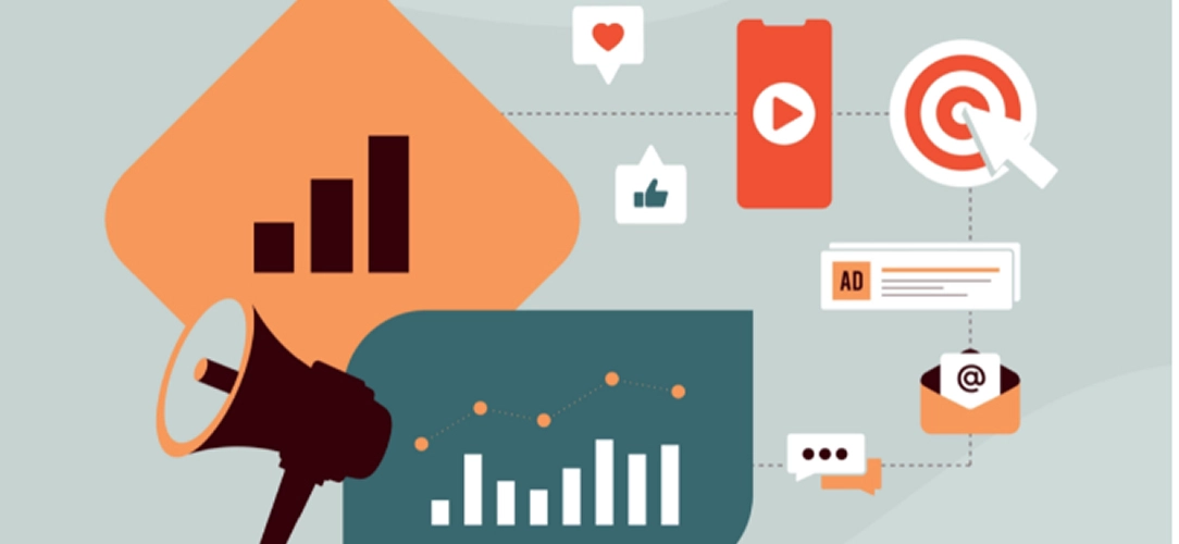Illustrated graphic featuring a megaphone with bar charts, surrounded by digital marketing icons including social media engagement symbols (heart, thumbs up), video play button, target with arrow, advertisement banner, and email marketing elements, representing comprehensive marketing mix modeling