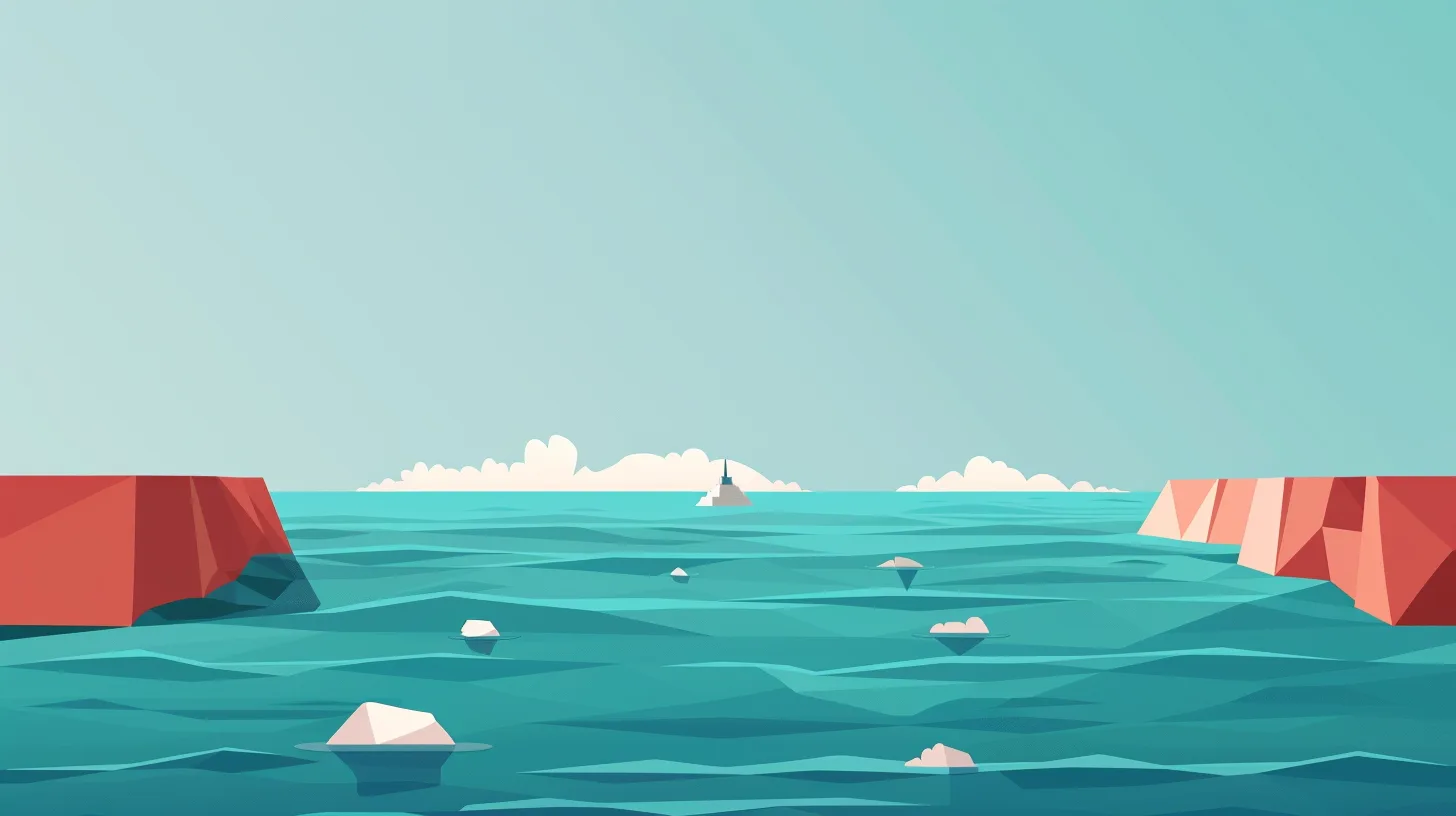 Abstract landscape illustration featuring turquoise water, coral-colored rock formations, and a serene seascape with clouds
