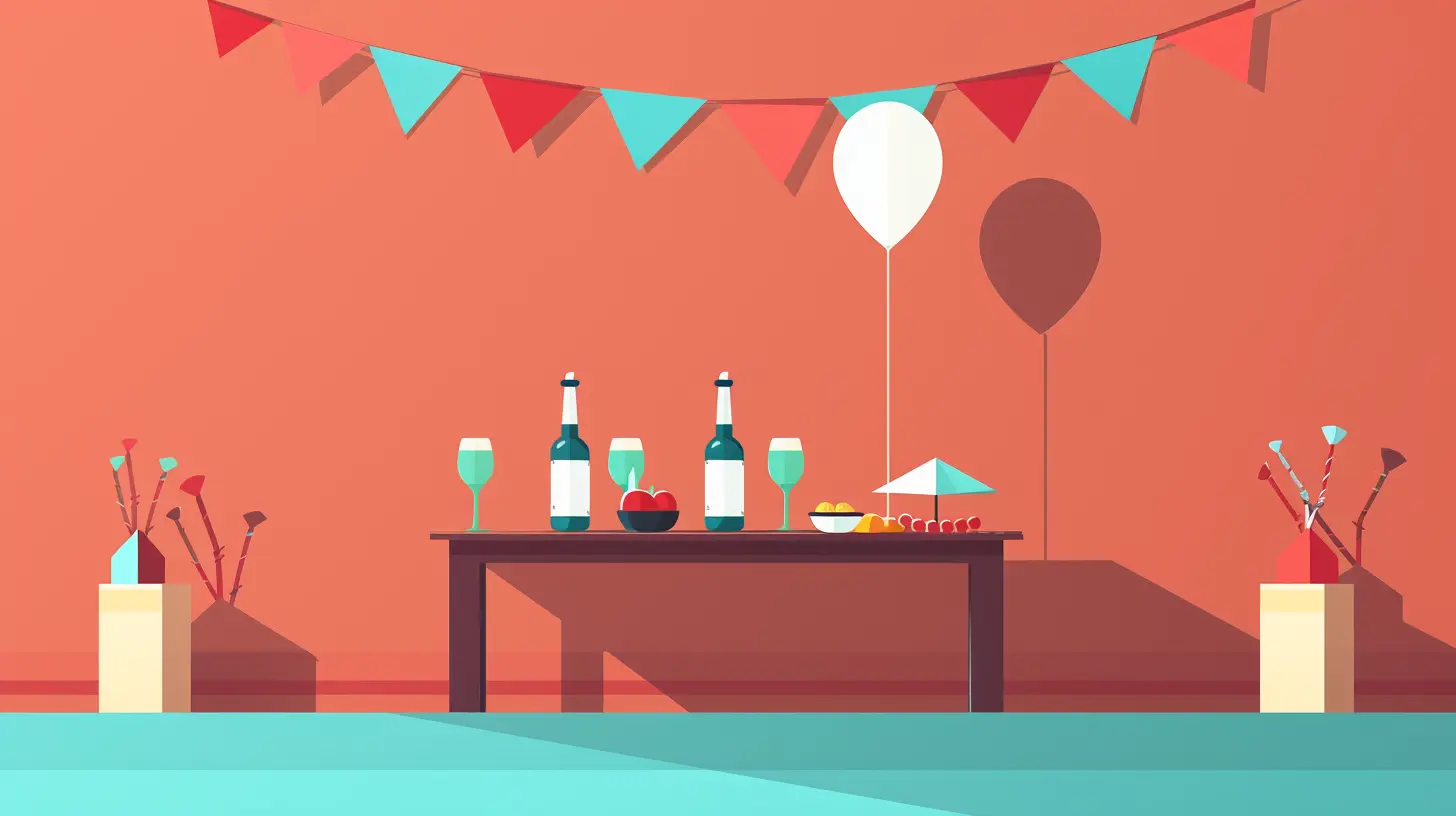 Festive illustration showing a party or celebration scene with a table containing bottles, glasses, and food items, decorated with colorful bunting flags and balloons in coral and teal colors, symbolizing successful campaign celebrations and audience engagement