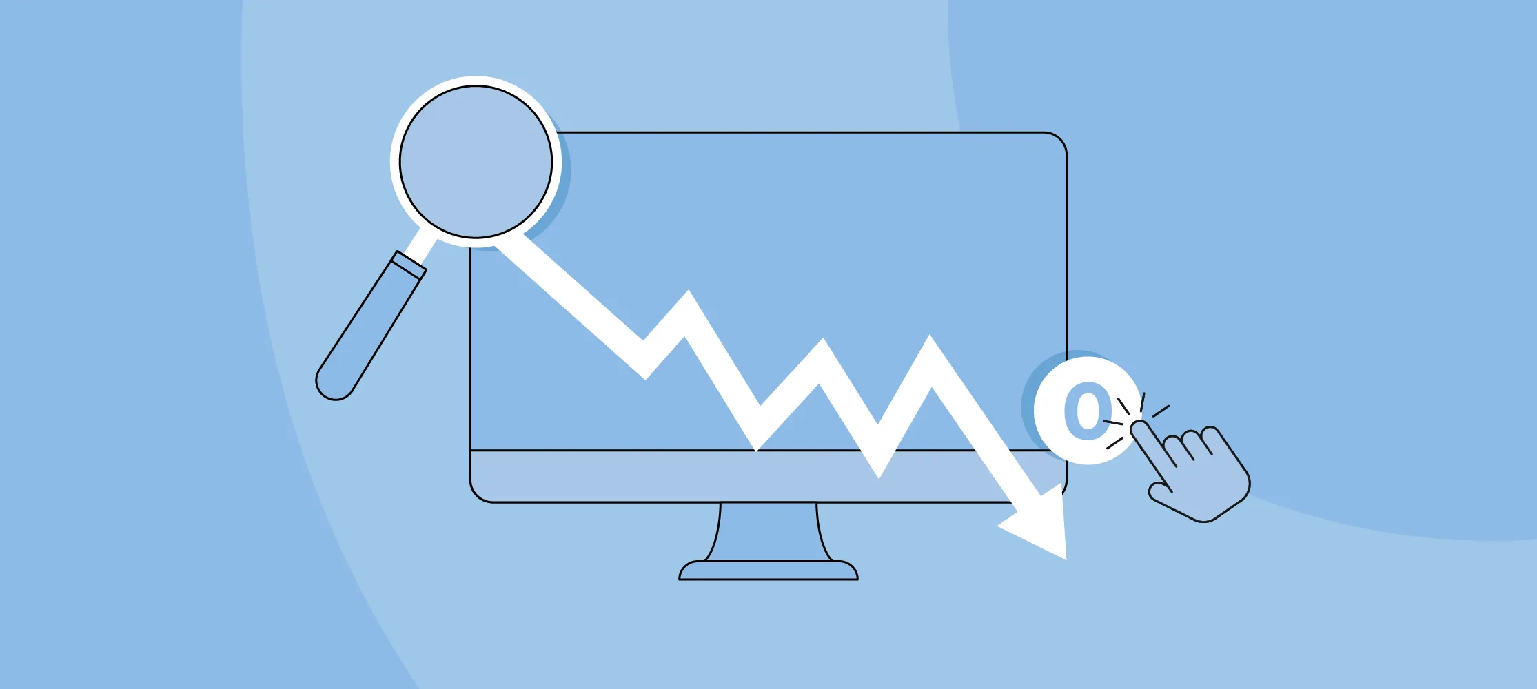 Illustrated graphic featuring a computer and a decreasing graph,  symbolizing a concept of zero-click marketing