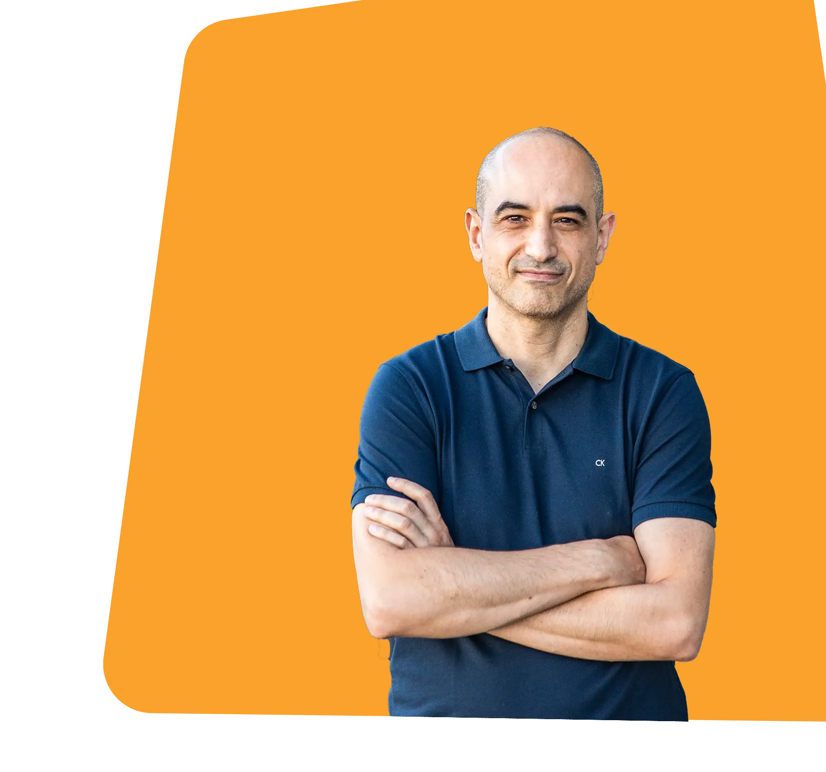 Photo of Andrea Atzori, co-founder of Ambire, on the orange background