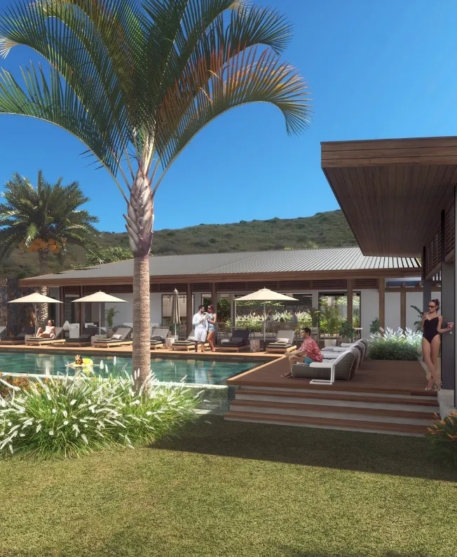 Tropical exterior of a modern villa in Mauritius with MJ Holidays.
