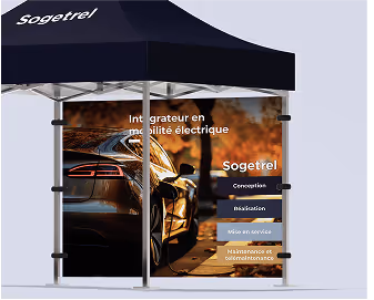 Exemple de réalisation d'un habillage de stand pour salon pour la société Sogetrel, dans le cadre de son abonnement design à volonté Heysimon