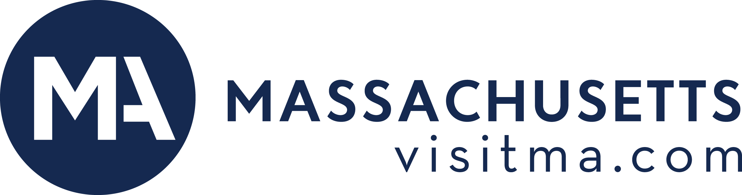 A small dark blue circle with the letters M A next to text that says Massachusetts and visitma dot com.