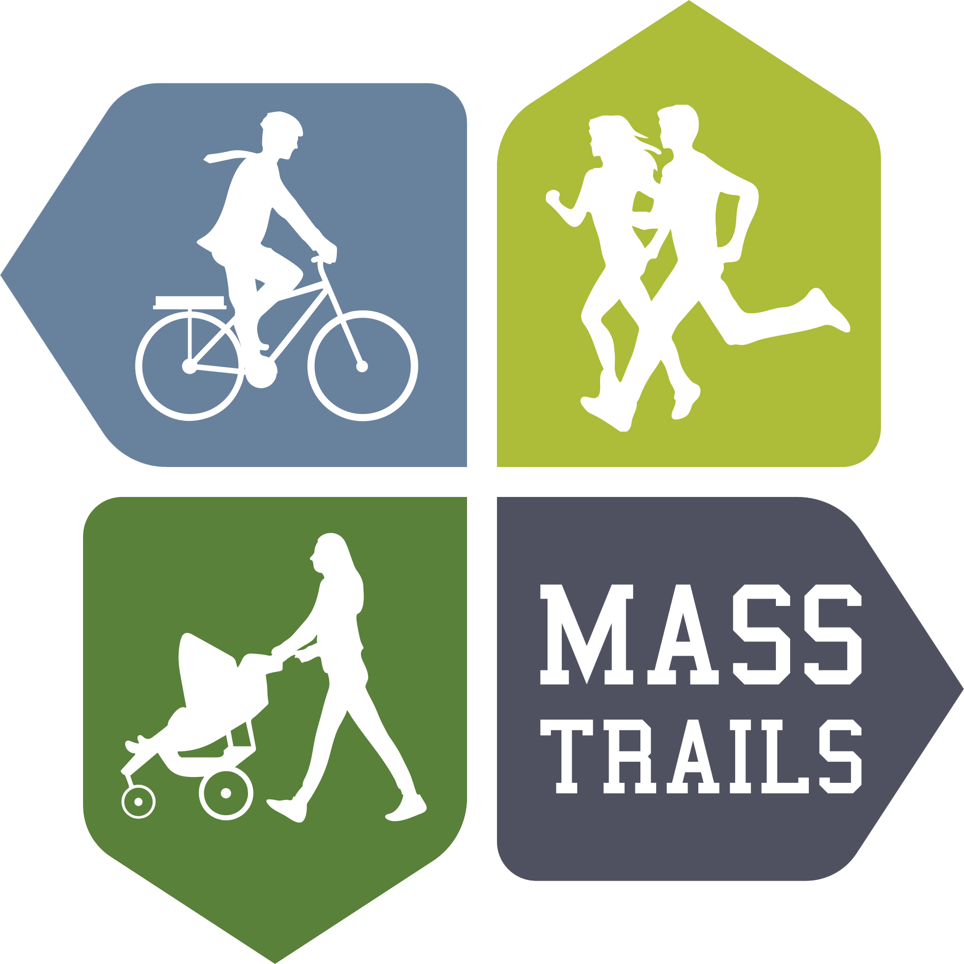 A four-icon logo that shows silhouettes of a person riding a bicycle; two people jogging; a person pushing a stroller; and the words Mass Trails.