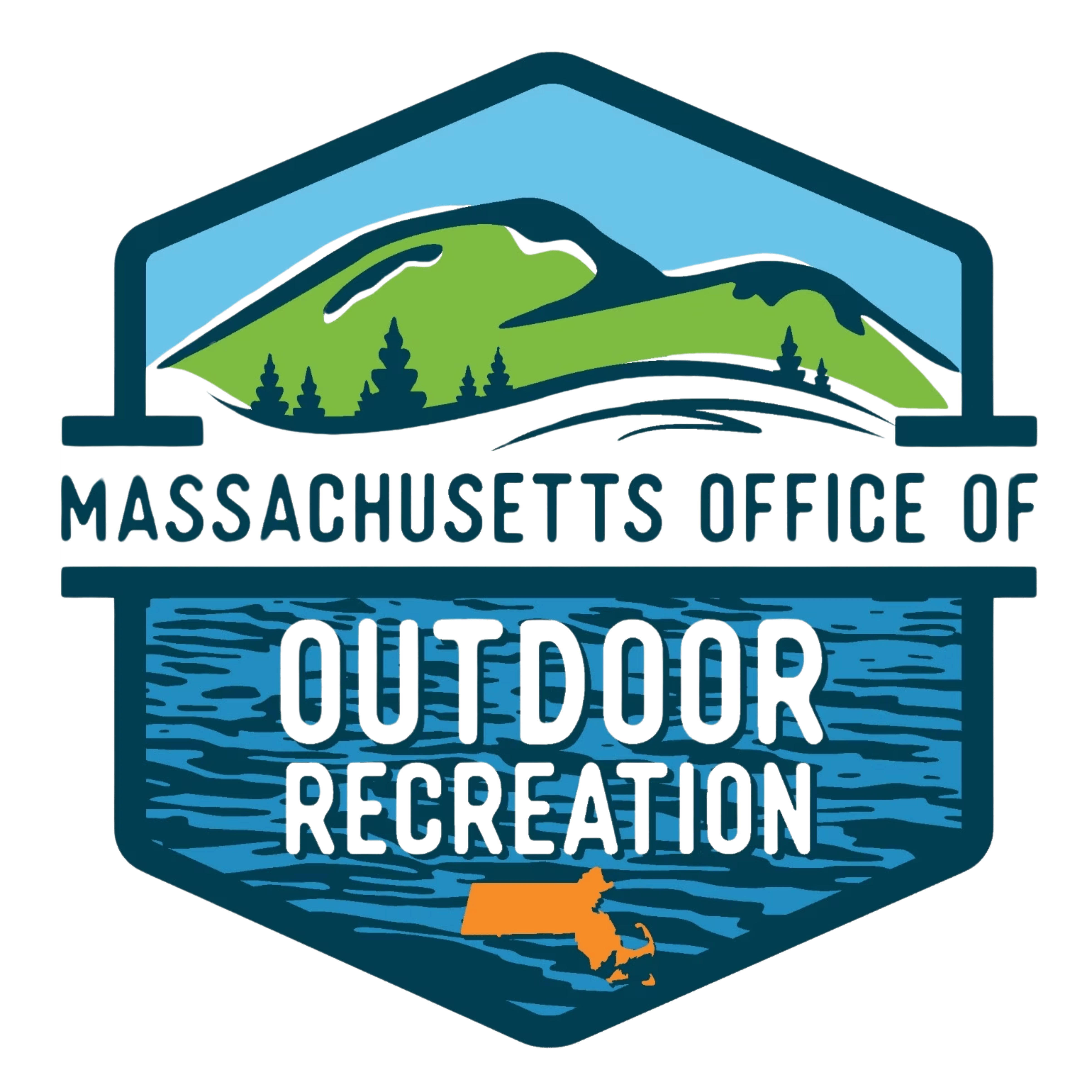 A hexagonal logo showing water, a mountain, and a blue sky with the words Massachusetts Office of Outdoor Recreation and a filled-in shape of Massachusetts in orange.