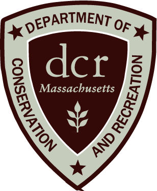 A three-sided seal with a light-brown border and a dark maroon interior with the words Department of Conservation and Recreation around the outside and d c r Massachusetts in the center with a leaf.