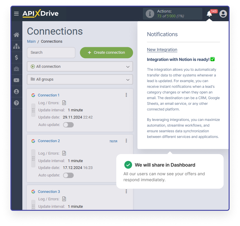 Notification in customer dashboard