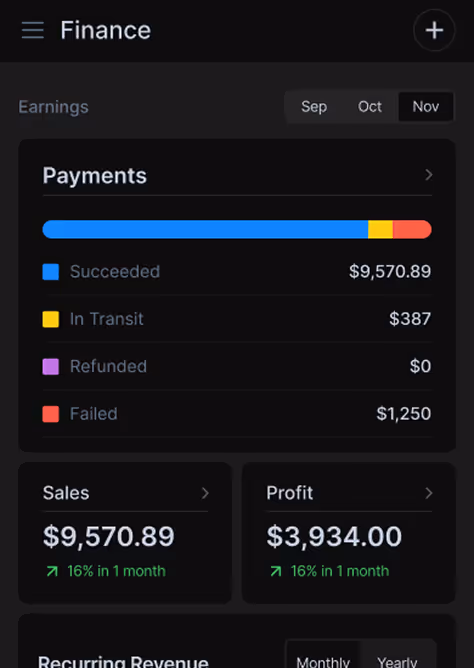 Crescita's finance tab showing payments made with data reflecting the sales and profit over successful, in transit, refunded and failed payments, 