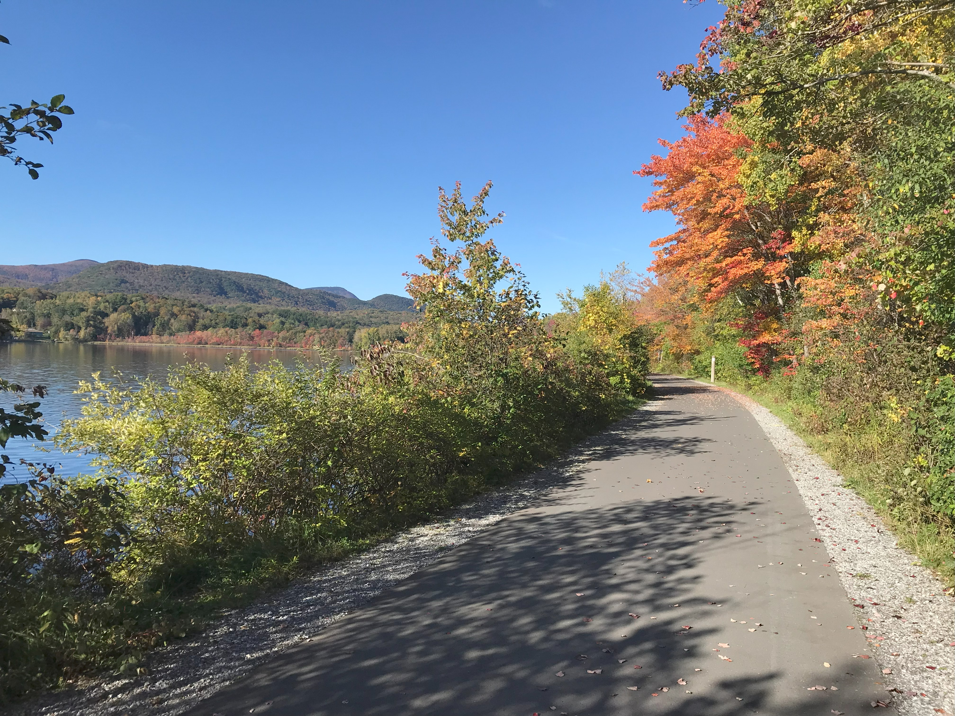 A bright blue sky over a mountain range on the left side of the image meets orange, yellow, and green foliage on trees on the right side of the image. In the middle, an asphalt path runs through from foreground to background. On the left, there is water.