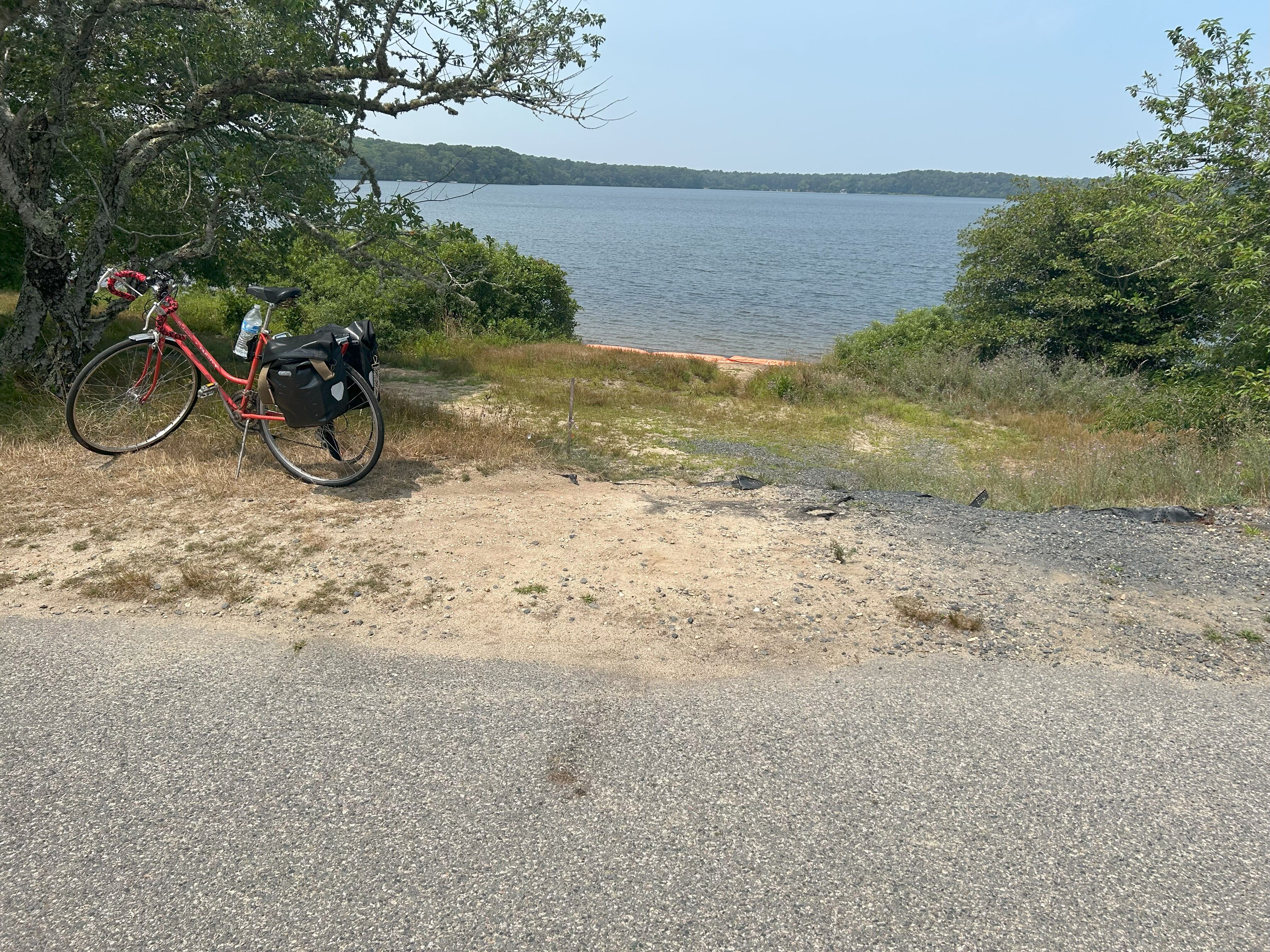 A red bicycle is on the left side of the image, with Hinckleys Pond in the background. Low shrubs and trees in the midground create a border between the pond and the grassy and sandy area that leads up to the asphalt path in the foreground. 