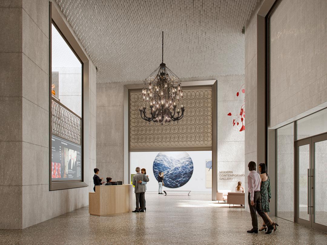 Rendering of Reception and Entry to Modern & Contemporary Gallery. Image courtesy Allied Works © D-RENDER.