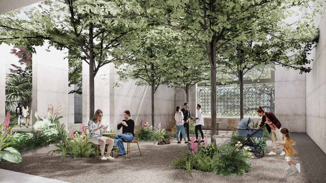 Rendering of Cafe Court. Image courtesy of Allied Works.