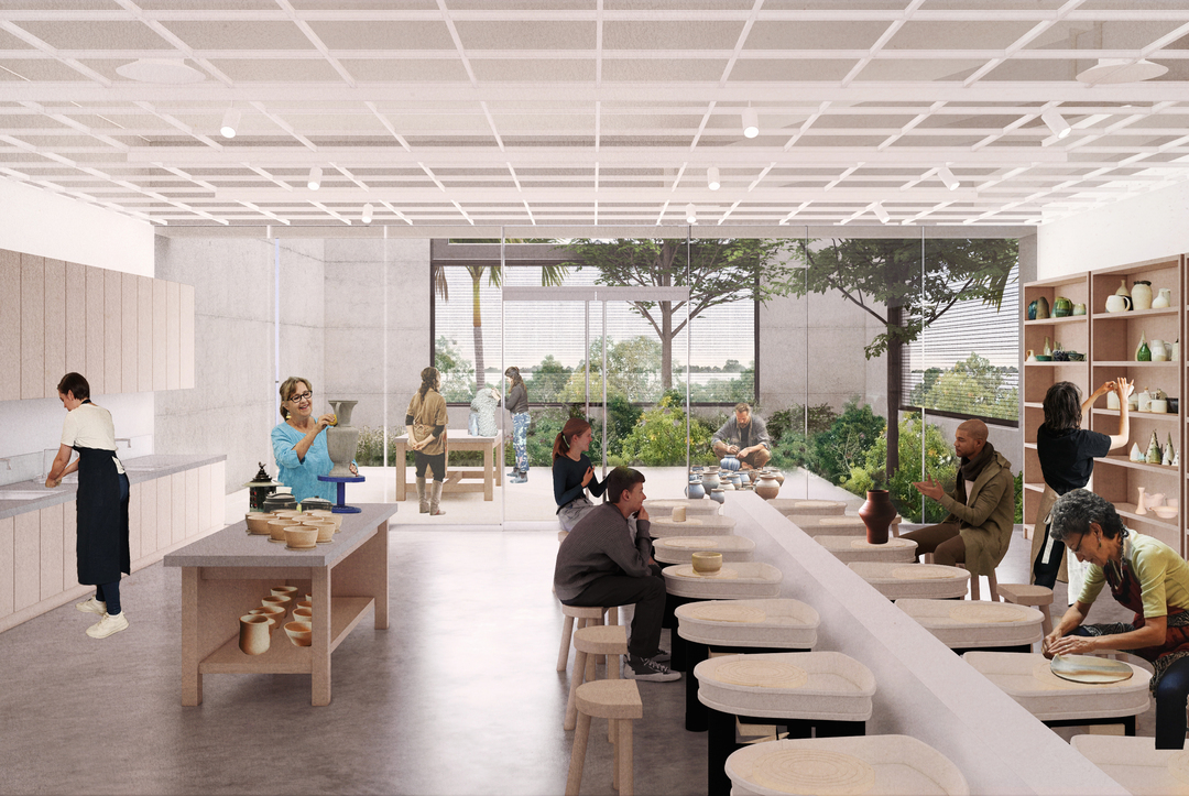 Rendering of Ceramics Studio and Courtyard. Image courtesy of Allied Works.