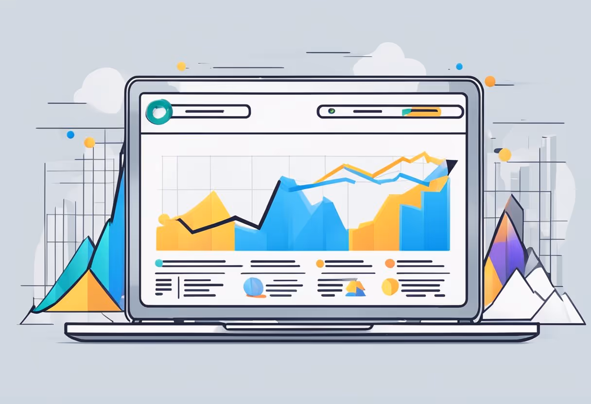 A computer screen displaying a website with low conversion rate. Graphs show declining numbers. A mouse cursor hovers over a button, indicating potential for improvement