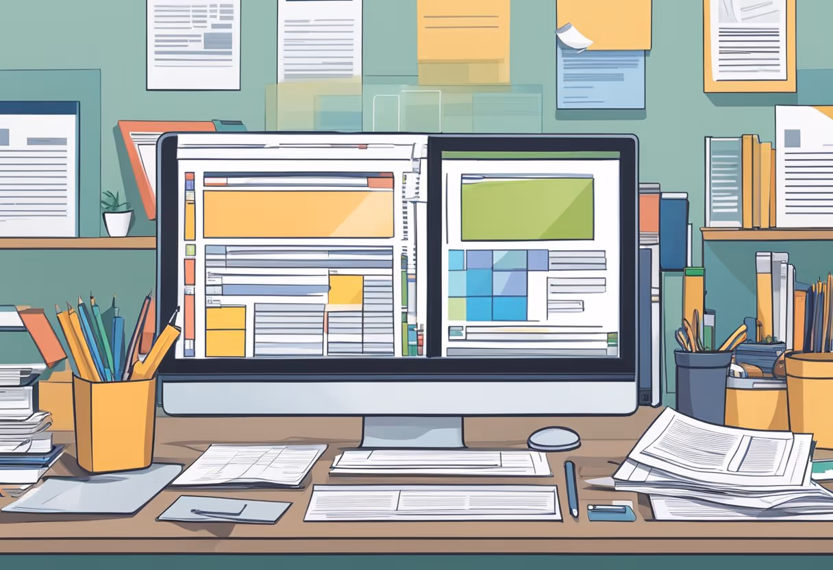 A desk cluttered with regulatory documents and a computer screen displaying compliance software
