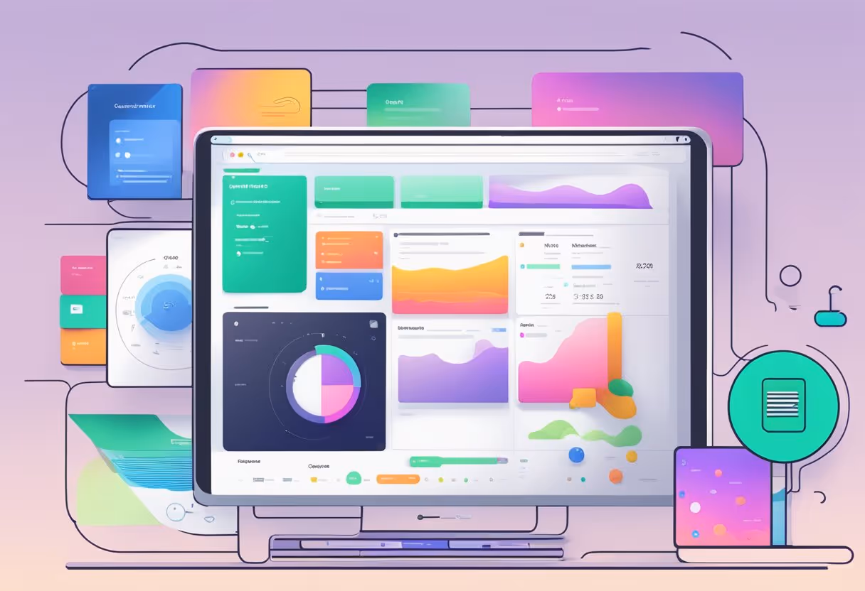 A laptop displaying the Webflow CMS interface, with colorful and intuitive design elements